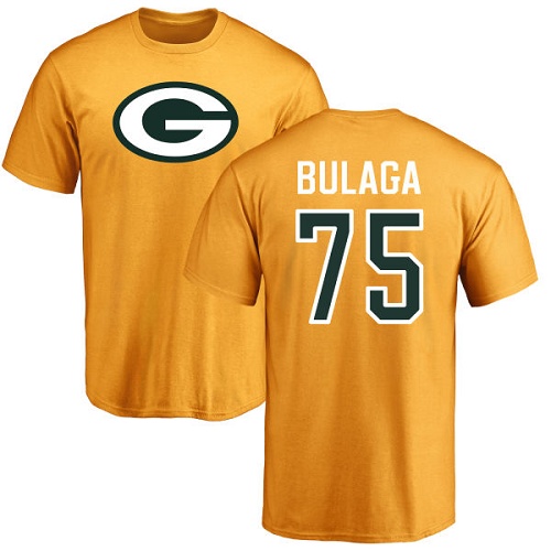 Men Green Bay Packers Gold #75 Bulaga Bryan Name And Number Logo Nike NFL T Shirt